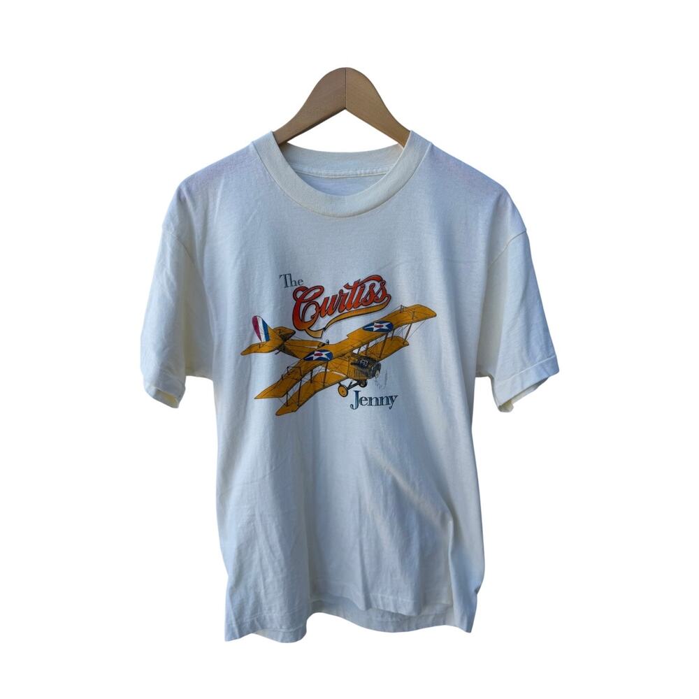 Curtiss Jenny Airplane Graphic T Shirt Mens Large White Vintage Plane Tee